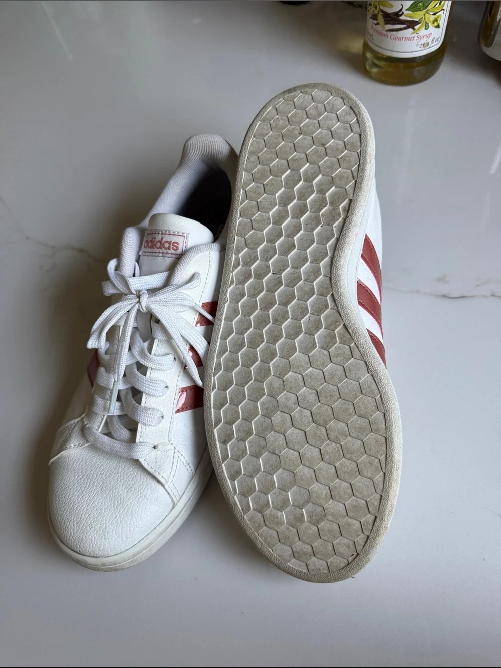 adidas White Sneakers with Red Stripes